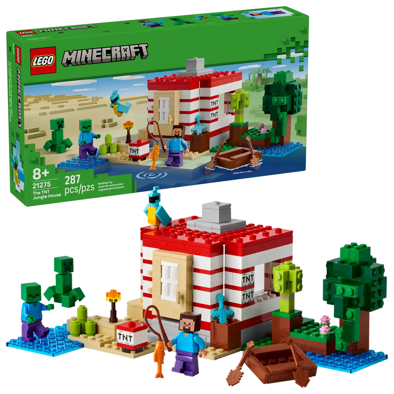 Vista frontal del set LEGO Minecraft 21275 con casa TNT, Steve, zombis y bote en la selva