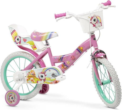Vista lateral completa de la bicicleta Toimsa 16" Unicornio con ruedines y cesta.
