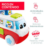 Vista lateral de Mi Primera Caravana Bilingüe Chicco mostrando el maletero con sorpresas y los botones electrónicos del koala y equipaje que activan canciones ABC y 123
