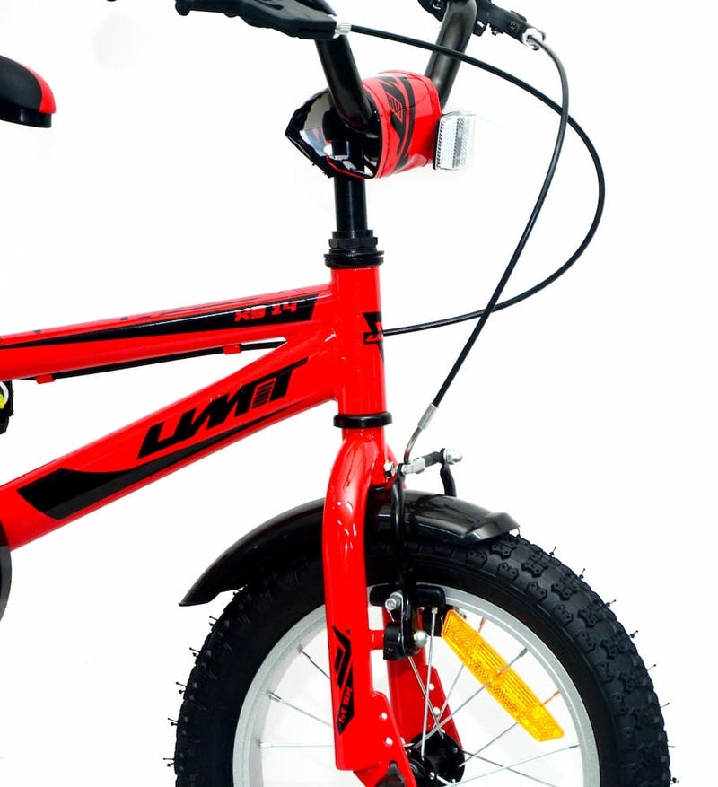 Vista lateral de la bicicleta infantil UMIT XS14 mostrando ruedas de 14 pulgadas, estabilizadores y sistema de frenos V-Brake - Ref. 1416-1
