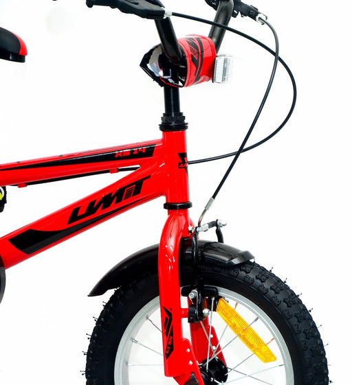 Vista lateral de la bicicleta infantil UMIT XS14 mostrando ruedas de 14 pulgadas, estabilizadores y sistema de frenos V-Brake - Ref. 1416-1
