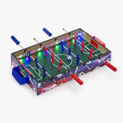 Vista lateral del futbolín con iluminación LED en acción.
