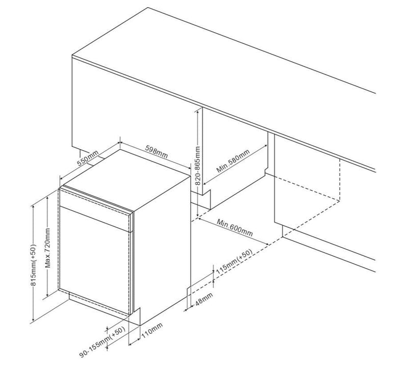 Vista lateral del lavavajillas integrable ARTICA ALVI76030D de 60cm mostrando las dimensiones de instalación, sistema de apertura automática de puerta y acabado en acero inoxidable premium
