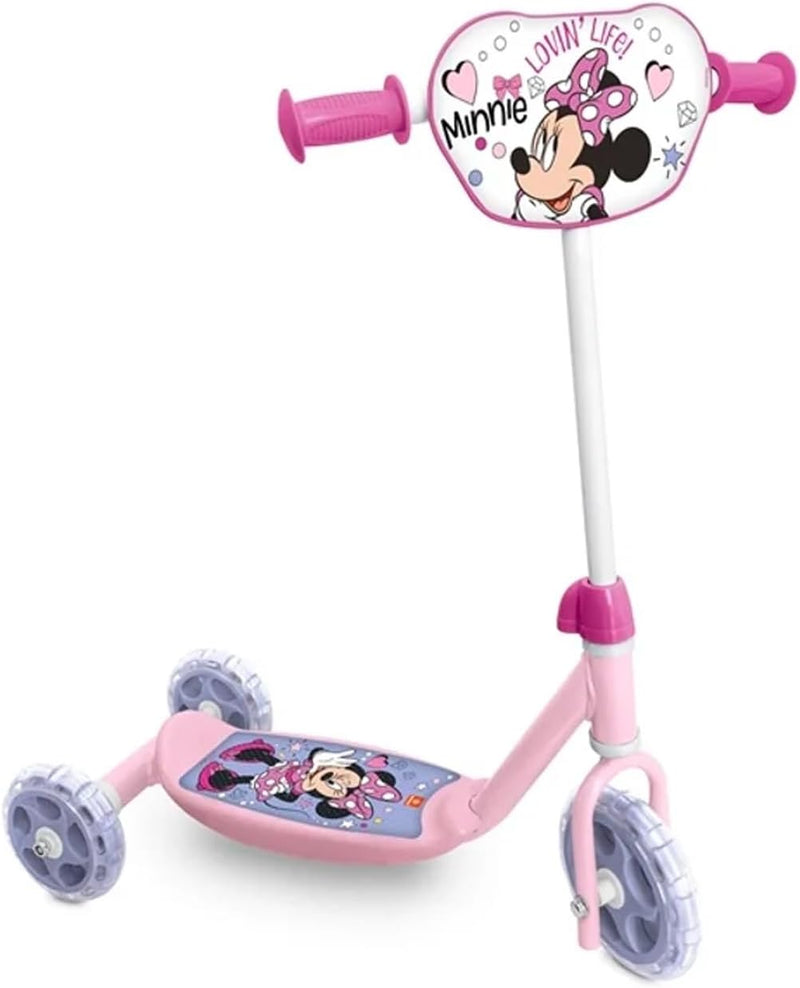 Vista lateral del patinete Minnie con tres ruedas y manillar ajustable, ideal para niñas pequeñas.