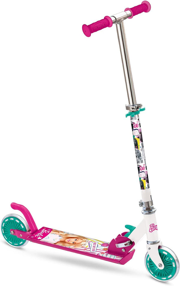 Vista lateral del patinete de aluminio Barbie con ruedas de PVC y freno trasero.