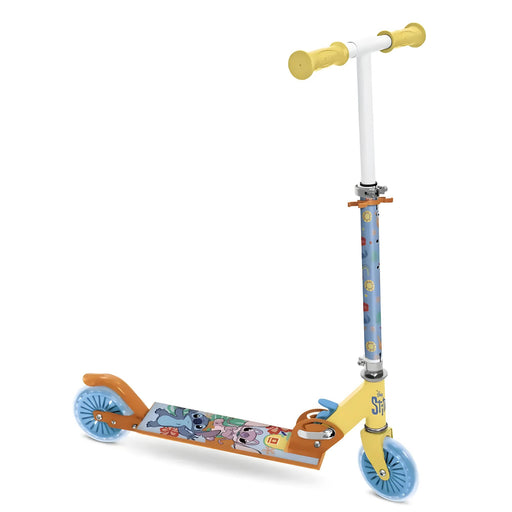 Vista lateral del patinete plegable Stitch con ruedas de 120 mm y manillar ajustable.