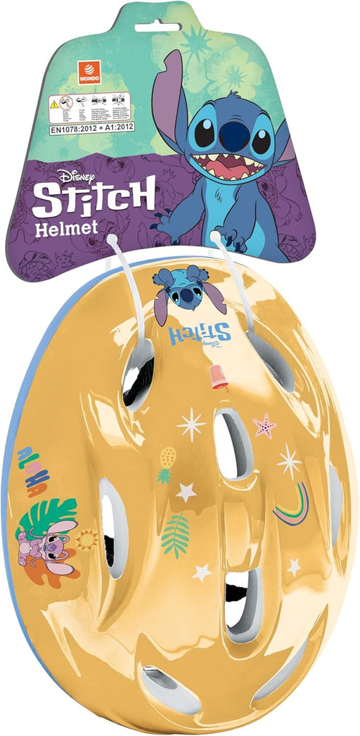 Vista superior del casco de Stitch para niños, con detalles del packaging y ruleta de ajuste visible.