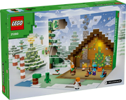 Vista trasera del Calendario de Adviento LEGO Minecraft 21280 mostrando las 24 ventanas numeradas del calendario con escena de cueva iluminada y personajes de Minecraft en ambiente navideño
