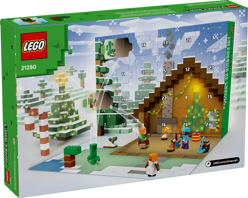 Vista trasera del Calendario de Adviento LEGO Minecraft 21280 mostrando las 24 ventanas numeradas del calendario con escena de cueva iluminada y personajes de Minecraft en ambiente navideño
