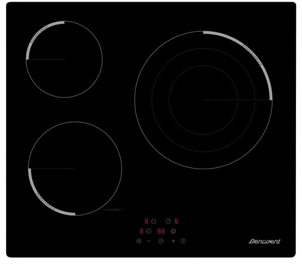 Vitrocerámica Benavent VBBR360 de 3 zonas con cristal negro brillante y controles táctiles, 5700W de potencia total para cocina moderna
