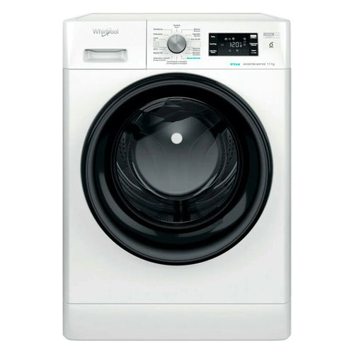 Whirlpool FFB 11489 BV SPT washing machine in white with black door, front view with control panel and display