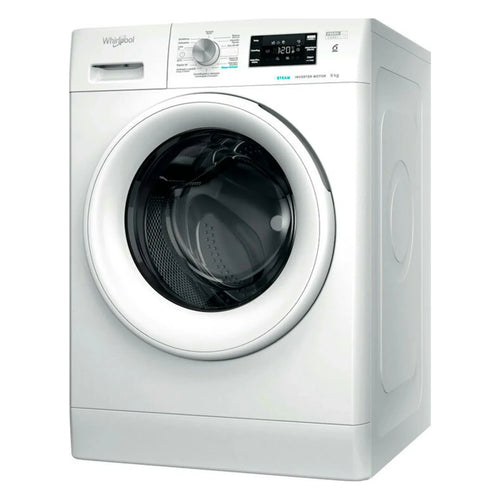 Whirlpool FFB 9269 WV SP white front-loading washing machine in three-quarter view with door and panel