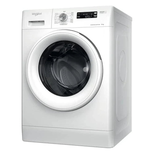 Whirlpool FFS 8258 W SP white front-loading washing machine, three-quarter view with rotary dial and display