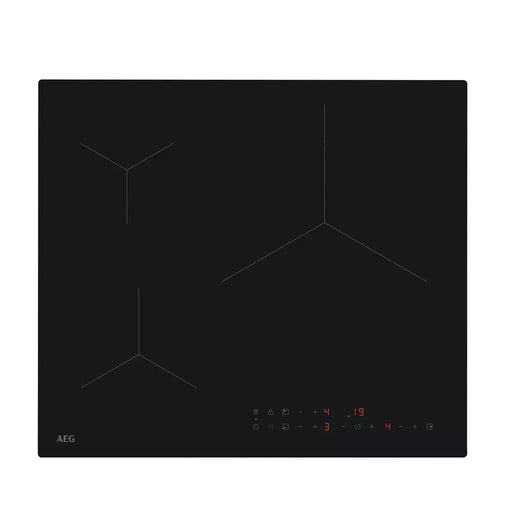Placa de inducción AEG TN63IV00CT SaphirMatt SE 60 cm con 3 zonas de cocción, vista cenital, cristal negro mate con mandos táctiles