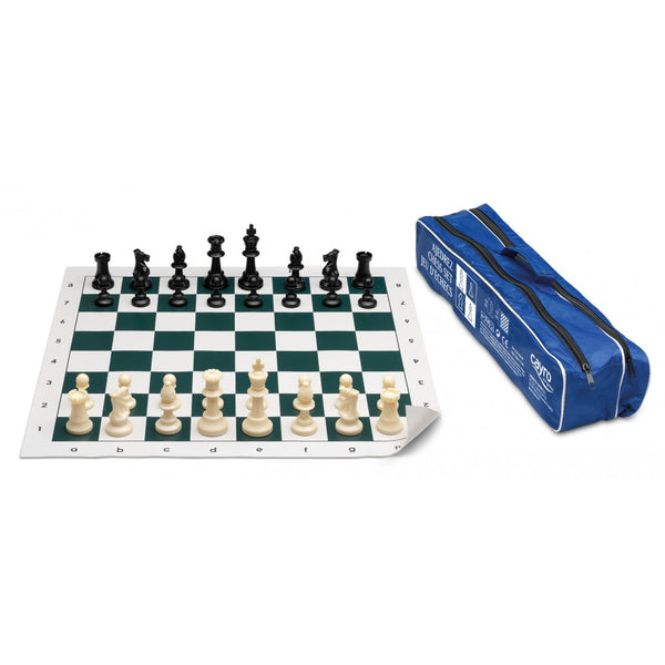 Conjunto de ajedrez escolar 50x50 cm, de la marca Cayro, con tablero enrollable, piezas de plástico y bolsa de transporte. Ideal para niños y principiantes.