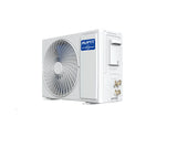 Unidad exterior AUFIT F18K DC Inverter, vista lateral con conexiones y logo AUFIT