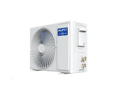 Unidad exterior AUFIT F18K DC Inverter, vista lateral con conexiones y logo AUFIT