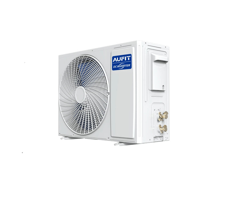 Unidad exterior AUFIT F18K DC Inverter, vista lateral con conexiones y logo AUFIT