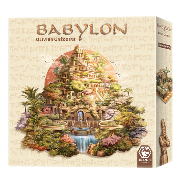 Caja del juego de mesa Babylon de Tranjis Games, de Olivier Grégoire, con los Jardines Colgantes de Babilonia