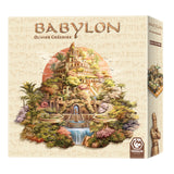 Caja del juego de mesa Babylon de Tranjis Games, de Olivier Grégoire, con los Jardines Colgantes de Babilonia