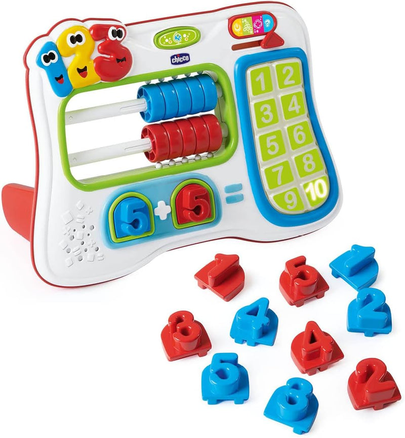 Ábaco interactivo Chicco con luces y sonidos, incluye anillos de colores azules y rojos, números del 1 al 10, y piezas numéricas tridimensionales para aprender matemáticas
