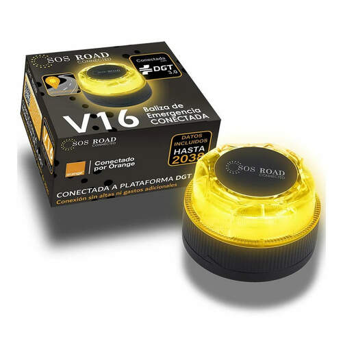 SOS ROAD Baliza de Emergencia V16 con Geolocalización y Conexión DGT 3.0 - Uso Obligatorio Enero 2026, Señal LED Homologada para Coche, Alcance 1km, Resistente al Agua, Datos Incluidos hasta 2038