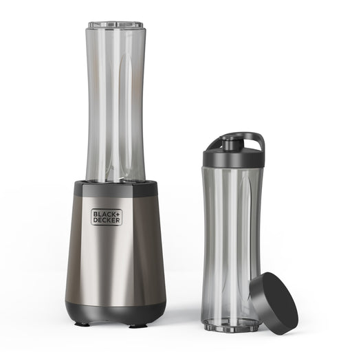 Batidora de vaso Black+Decker BXJBA1204E: base de acero inoxidable con vaso de 600 ml montado y segundo vaso con tapa deportiva y tapa de conservación