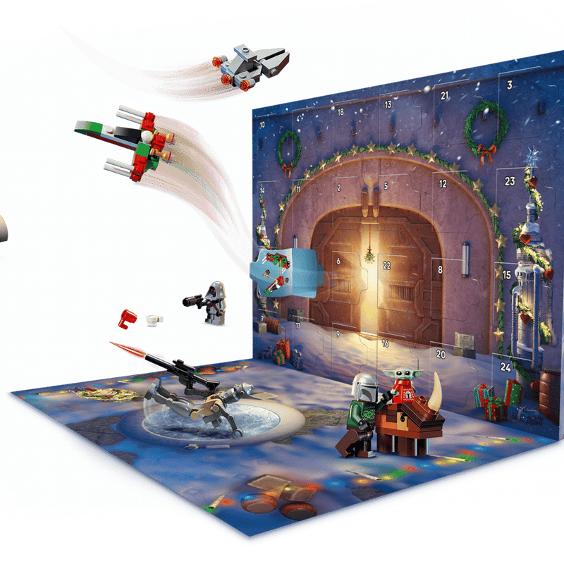 Mando y Grogu con jerséis navideños del LEGO 75456