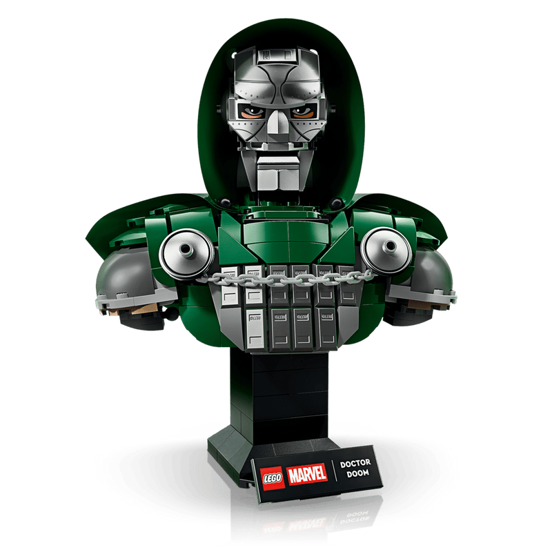 Vista frontal del busto LEGO 76345 con la máscara y la capucha