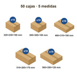 Pack Mudanza 50 Cajas de Cartón – 5 Medidas: 320×230×180, 300×300×160, 460×310×100, 510×265×170, 500×350×120 mm, 10 de cada