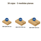 Pack 30 Cajas de Cartón Tienda Online – 3 Medidas: 380×280×80, 460×310×100, 500×350×120 mm, 10 de cada