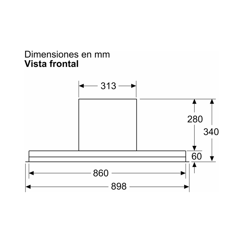 Medidas de la campana Balay 3BD895MM, vista frontal: 898 mm de ancho, 340 mm de alto y hueco de 860 mm
