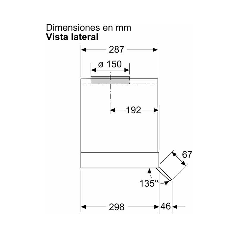 Medidas de la campana Balay 3BD895MM, vista lateral: 298 mm de fondo y salida de aire de 150 mm
