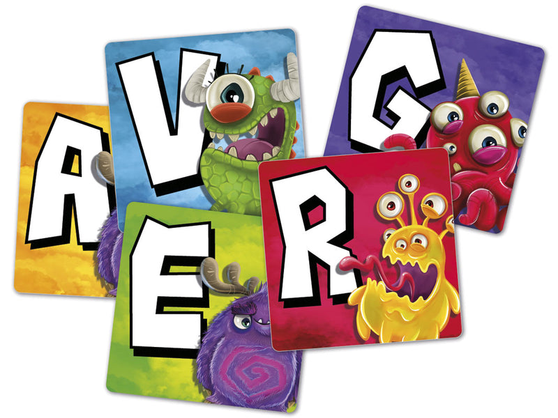 Cartas del Speed Monsters Mini de Cayro 90562: una letra grande y un monstruo en cada carta