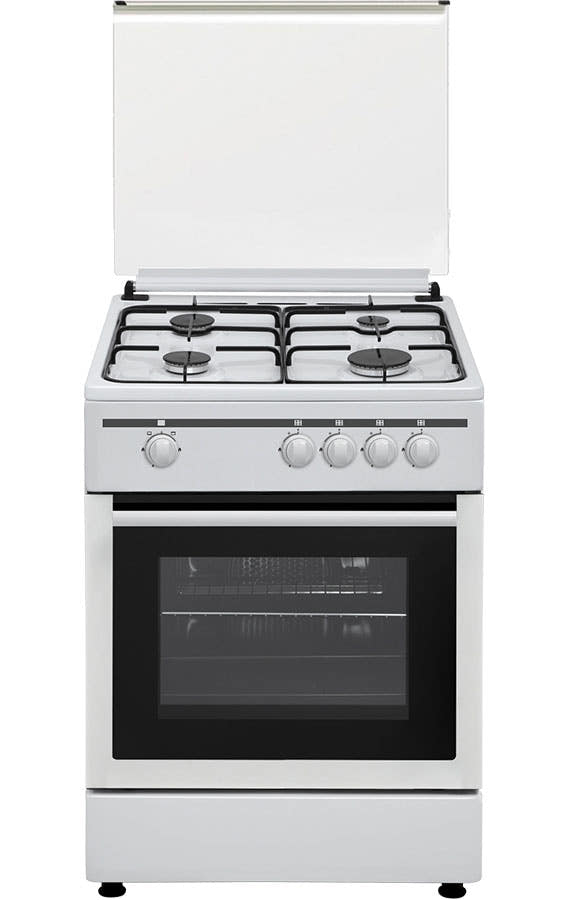 Cocina de gas Vitrokitchen CB55 blanca con 4 fuegos y la tapa de cristal levantada