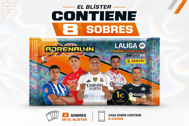 Panini Adrenalyn XL LaLiga 2025/26 - reverso del ecoblíster mostrando contenido y licencia oficial LaLiga EA Sports