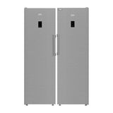 Conjunto Beko: congelador B3RMFNE314XB y frigorífico B3RMLNE444HXB juntos, con los dos tiradores en el centro