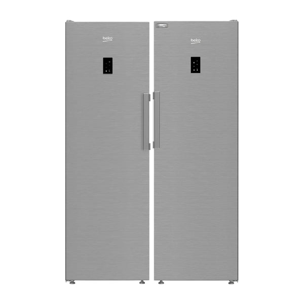 Conjunto Beko: congelador B3RMFNE314XB y frigorífico B3RMLNE444HXB juntos, con los dos tiradores en el centro