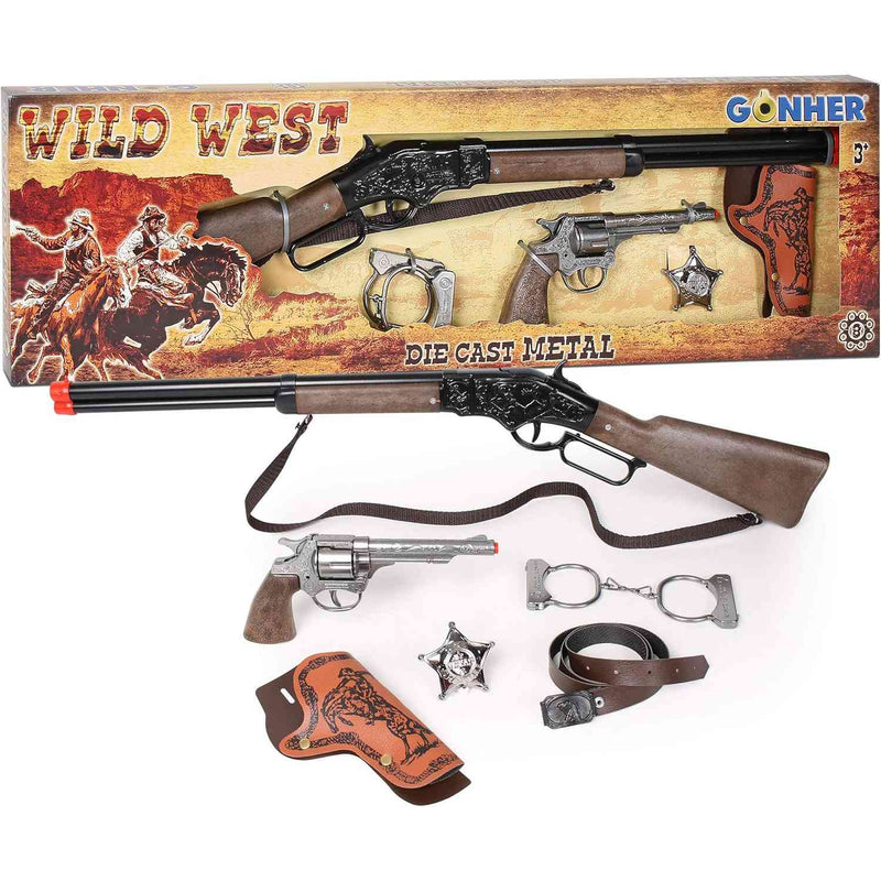 contenido del set wild west gonher con rifle, pistola, esposas y estrella
