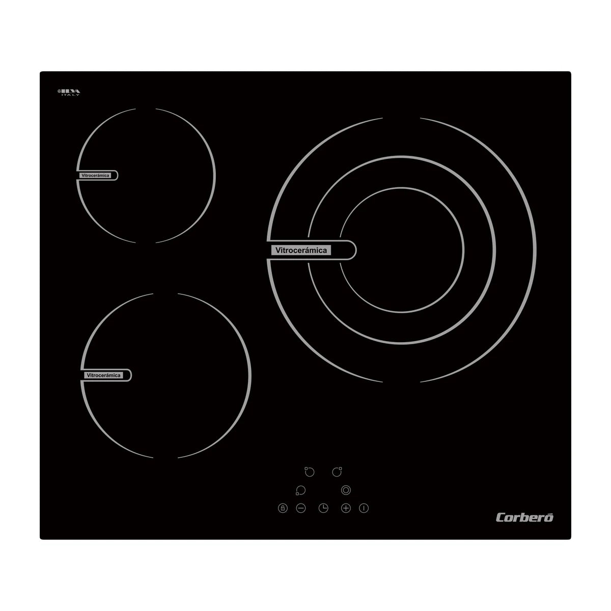 Corberó CCVG3BL574 – encimera vitrocerámica de 3 zonas y 60 cm, vista cenital con la zona ampliable de 30 cm a la derecha