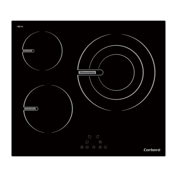 Corberó CCVG3BL574 – encimera vitrocerámica de 3 zonas y 60 cm, vista cenital con la zona ampliable de 30 cm a la derecha
