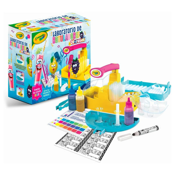 Caja y contenido del Laboratorio de Rotuladores Olorosos Neón de Crayola 25-5965
