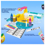 Infografía: contenido del Laboratorio de Rotuladores Olorosos Neón Crayola 25-5965 (3 tintas de 29 ml, pinzas, 2 probetas, guía y 14 sets)