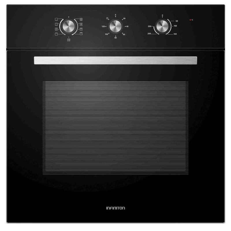 detalle frontal del horno Infiniton en cristal negro con mandos escamoteables
