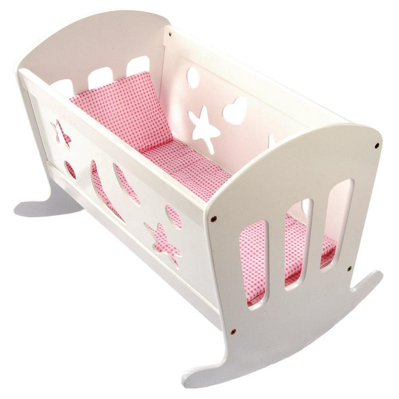 Cuna de muñecas Bino Molly de madera con ropa de cama – mecedora blanca con colchón, manta y almohada