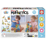Trasera de la caja de Educa Magnetics Stem Tracks 55 (20731) con dos niños montando circuitos