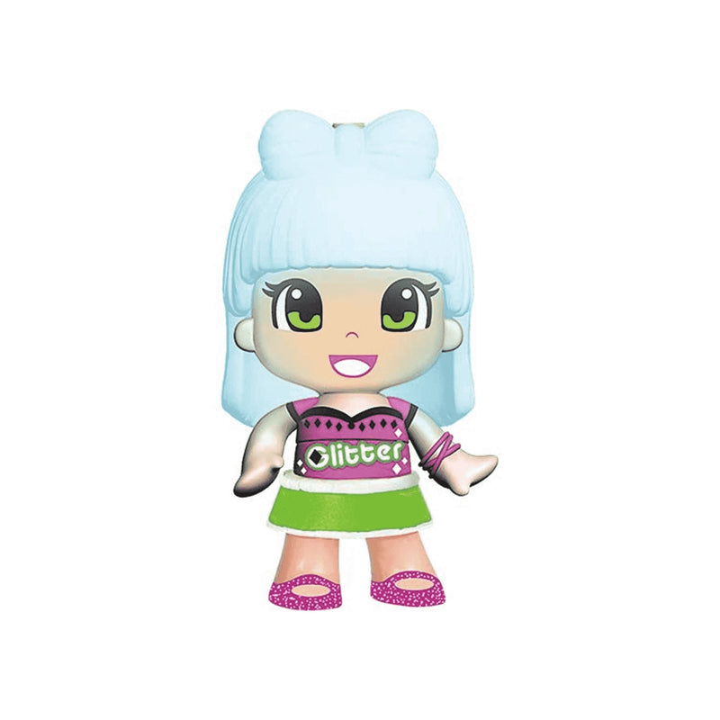 Pinypon Colores Mágicos Glitter de Famosa, figura con el pelo azul y camiseta Glitter