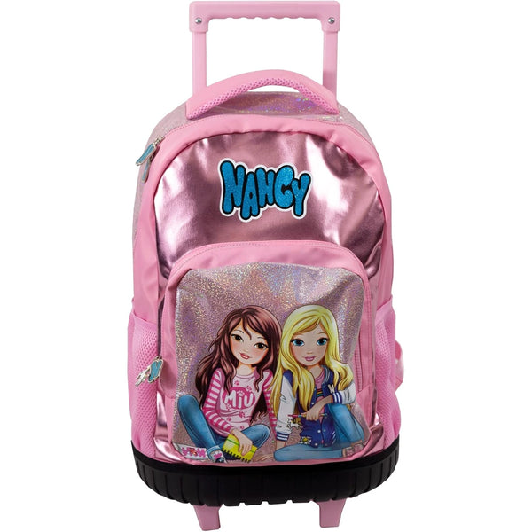 Mochila carro escolar Nancy Premium de 46 cm en rosa metalizado de Famosa