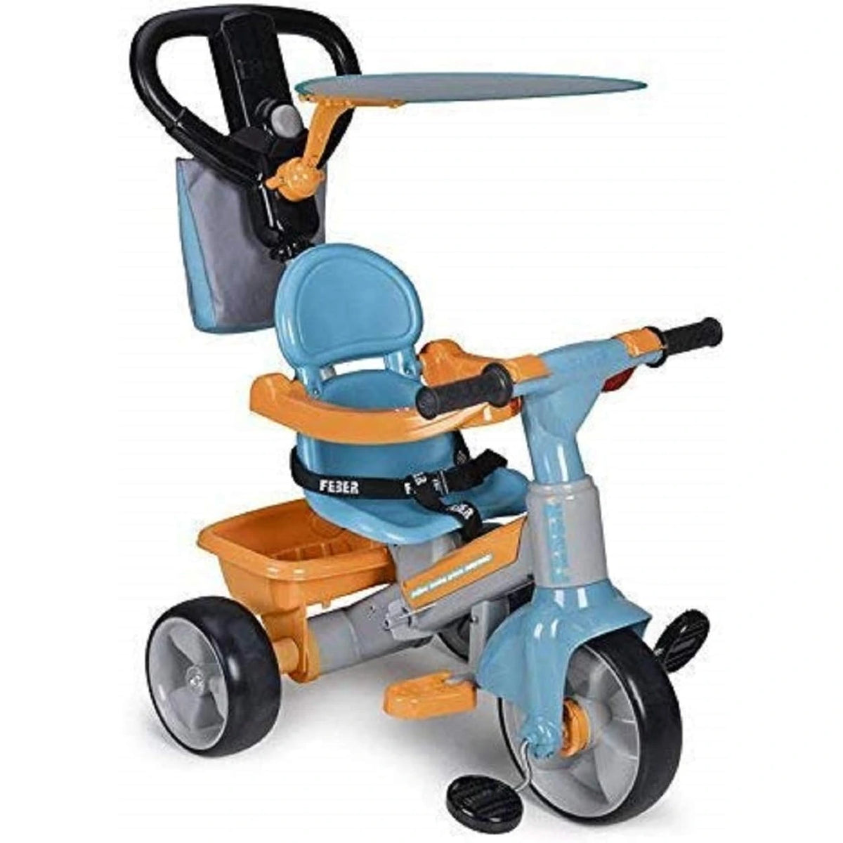 Triciclo Feber Baby Plus Music azul de Famosa con barra de empuje