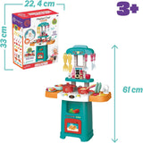 Infografía: medidas de la cocina MasterChef Junior MTE01000, 61 cm de alto montada y caja de 33 × 22,4 cm, desde 3 años